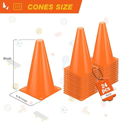 24pcs Cones 9 Inch Soccer Cones and Plastic Traffic Cones, Durable Cones for Sports Training, Ideal for Soccer, Basketball, Football, Skating, and Agility Drills Practice