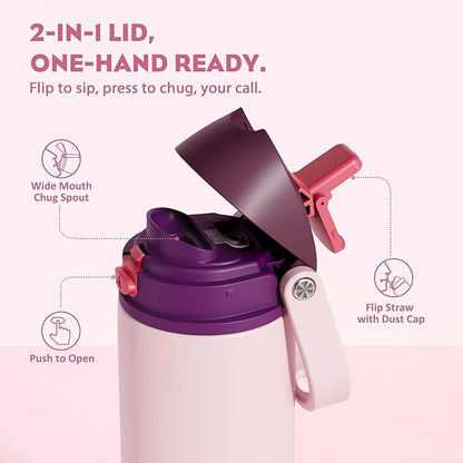 POWCAN 24 oz Stainless Steel Water Bottle: 2-in-1 Push-Button Spout & Quick-Flip Straw, Leakproof, Cold 24 Hrs, Fits Car Cup Holder, Insulated Bottle for Gym, School, Travel, Outdoor Gift (Plum Field)