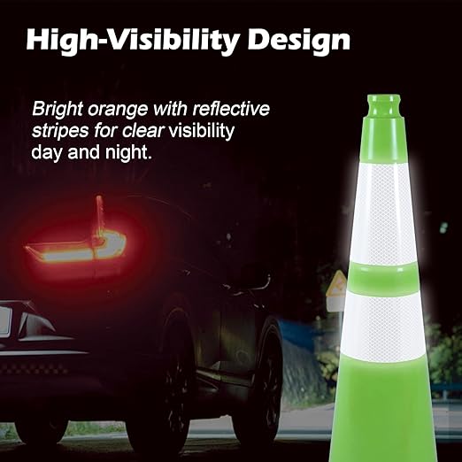 8 Pack 28 Inch Green PVC Traffic Cones Black Base Stable Flexible, Road Safety Construction Zone Crowd Control Safety Cones Outdoor Use (8, Green, 28 Inch)