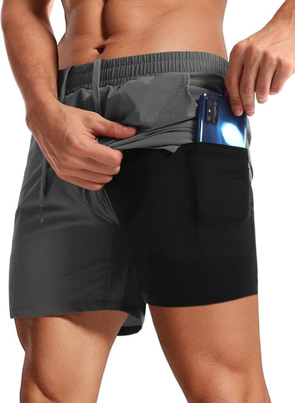 Aolesy Men's 2 in 1 Running Shorts 5" Workout Gym Athletic Shorts for Men Quick Dry Lightweight Training Shorts with Pockets