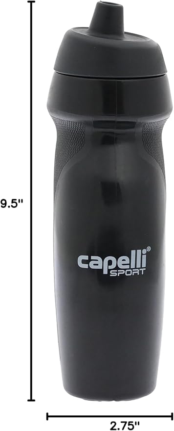 Capelli Sport Sports Water Bottle, Plastic Squeeze Water Bottle with Easy Open Nozzle and Grip Panels, Black, 18.5oz