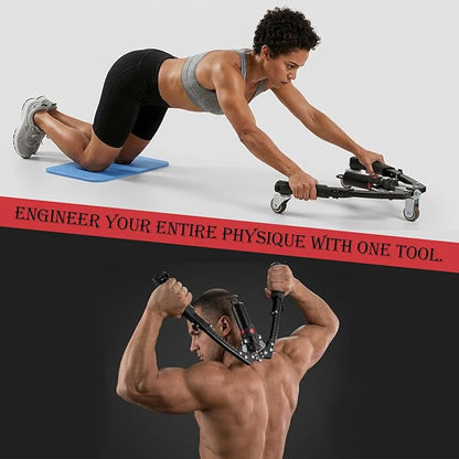 Hydraulic Arm Trainer, Chest Muscle Exerciser with 15-Level Adjustable Resistance & Ab Roller, Portable 5-in-1 Home Gym Equipment for Upper Body Strength Workout