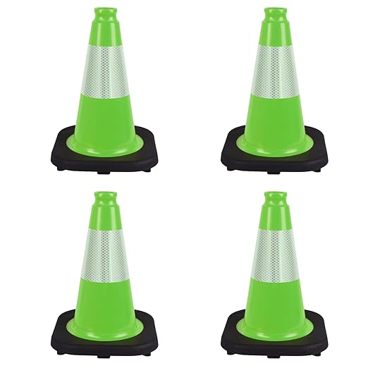4 Pack 12 Inch Green PVC Traffic Cones Black Base Stable Durable, Sport Training Soccer Practice Kids Activities Markers Indoor Outdoor Use (4, Green, 12 Inch)