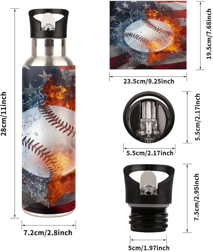 Insulated Stainless Steel Water Bottle with Straw 20oz Red Blue Usa Flag Sport Baseball Sports Water Bottles BPA Free Leakproof Metal Vacuum Flask Jug for Kids Gym Fitness