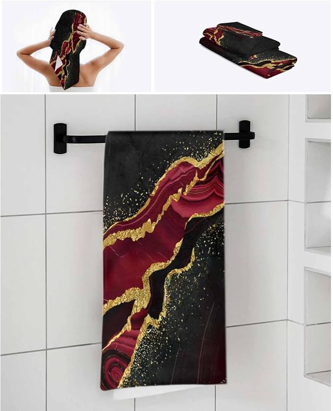 Marble Red Bath Towels for Bathroom Set - Luxury Towels Gifts for Women,Quick Dry Beach Kitchen Hand Hair Face Yoga Workout Gym Towel and Dish Washcloth,Gradient Abstract Modern Minimalist Black Gold