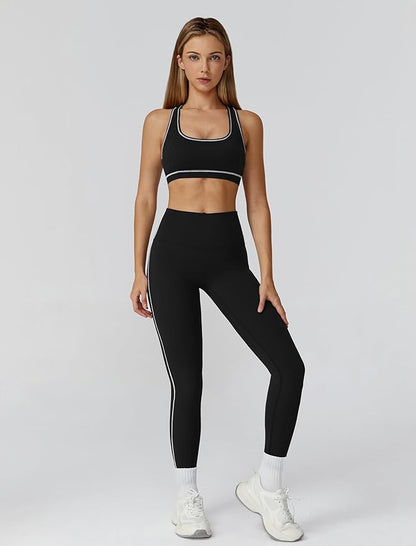 Womens workout sets Contrast Long Sleeve Jacket with Sports Bra and Butt-lifting Pants Yoga Outfits 3 Pieces Set