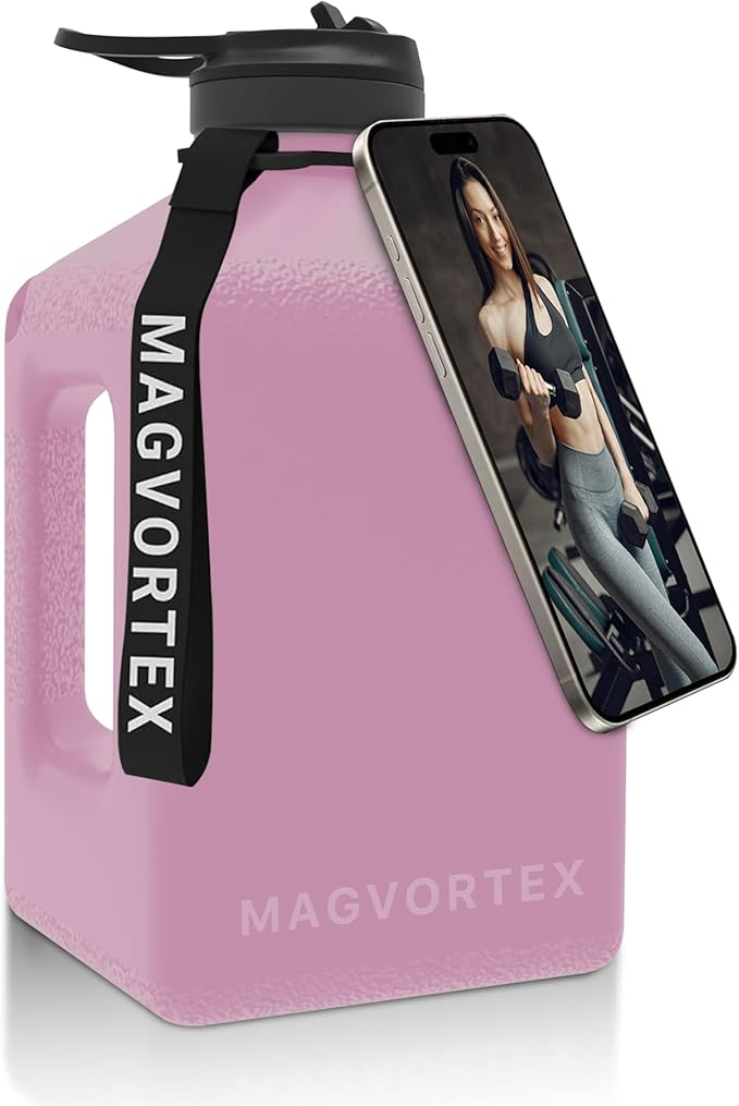 91oz Gym Daily Water Bottle Pink – Large BPA-Free PETG Jug with Magnetic Plate Phone Mount, Leakproof Flip-Top Lid, Wide Mouth for Ice, Straw, Carry Strap, Stable Base, Time Marker