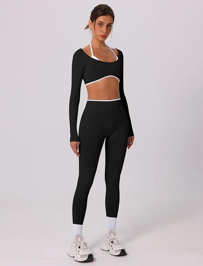 ABOCIW Workout Sets for Women Long Sleeve Crop Top Scrunch Butt Lifting High Waist Leggings 2 Piece Gym Yoga Outfits