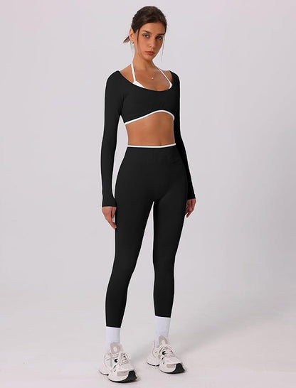 ABOCIW Workout Sets for Women Long Sleeve Crop Top Scrunch Butt Lifting High Waist Leggings 2 Piece Gym Yoga Outfits