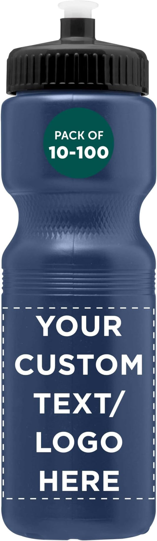 DISCOUNT PROMOS 28 oz. Custom Push Cap Plastic Water Bottles Set of 10/50/100, Personalized Bulk Pack - Perfect for Gym, Hiking, Camping, Outdoor Sports - Navy Blue