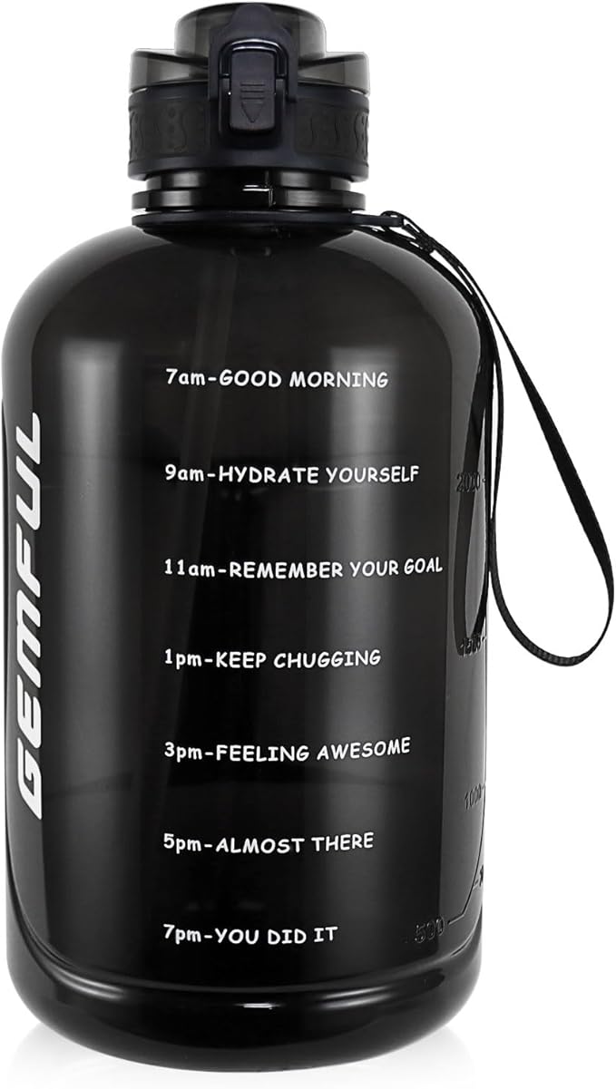 GEMFUL 3L Water Bottle with Straw & Time Marker Motivational Large Water Jug BPA-Free Leakproof Bottle 101oz for Gym Sports Fitness Hiking (Black with Removable Straw)