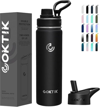 40 Pack 22 oz Sports Water Bottle With Straw,2 Lids, Stainless Steel Vacuum Insulated Water Bottles,Leakproof Lightweight, Keeps Cold and Hot, Great for Travel(Black)