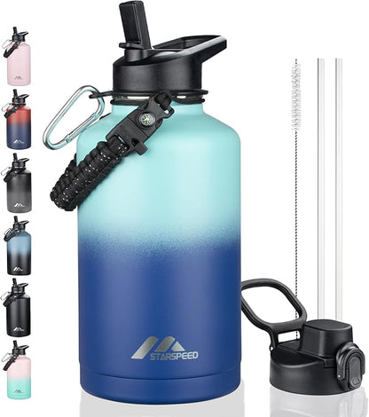StarSpeed 64oz Insulated Water Bottle with Straws & 2 Lids, Half Gallon Stainless Steel Double Walled Vacuum Water Jug, Large Wide Mouth with Paracord Handle for Gym Camping Hiking, Green Blue