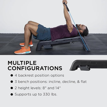 Power Systems Step Bench & Weight Bench | Aerobic Platform & Plyo Box for Cardio, Strength | Commercial Grade Full Body Home Gym Stepper | Adjustable Multifunctional Deck & Resistance Band Clips