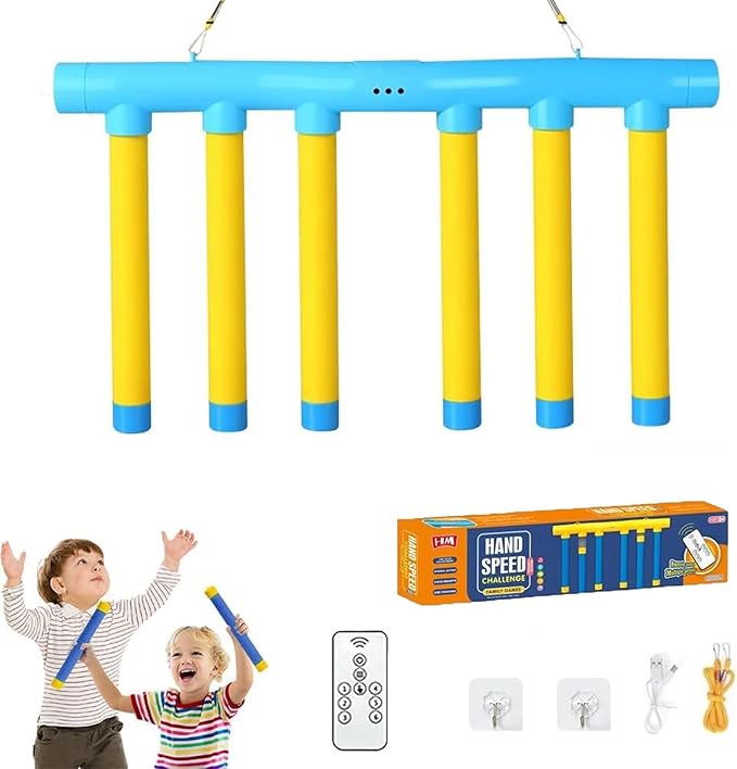 Reflex Challenge Game, Reflective Drop Stick Challenge Game with Remote, Hand Eye Coordination Training Reaction Training Toy, 3-Speed Catching Sticks Games for All Ages (Yellow+Remote)