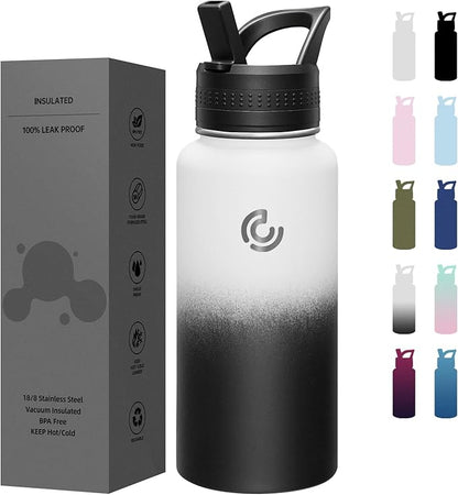 COKTIK 32oz Sports Water Bottle, Stainless Steel Water Bottle for Insulated, Reusable Travel Bottle, With Straw, With Handle Grip for Easy Carrying, Suitable for Cycling, Outdoor Vacations(Day&Night)