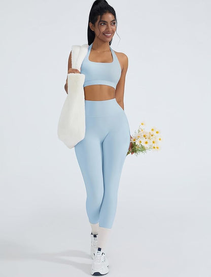 OMKAGI 2 Piece Workout Sets for Women Halter Sports Bras Gym Sets Booty Leggings Outfits