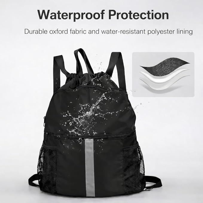 PPZ Drawstring Sports Backpack with Side Mesh Pockets, Lightweight Gym & Travel Bag with Water Bottle Holders for Fitness, Outdoor Activities and Daily Use – Black with White Stripe