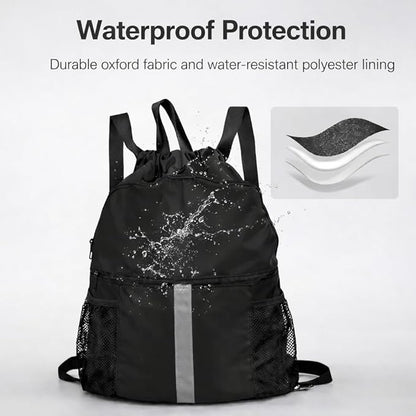 PPZ Drawstring Sports Backpack with Side Mesh Pockets, Lightweight Gym & Travel Bag with Water Bottle Holders for Fitness, Outdoor Activities and Daily Use – Black with White Stripe