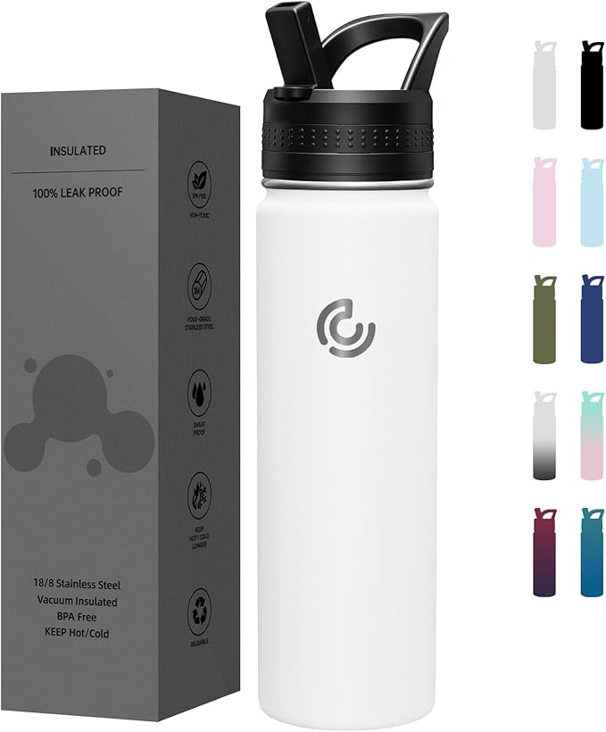 COKTIK 22oz Sports Water Bottle, Stainless Steel Water Bottle for Insulated, Reusable Travel Bottle, With Straw, With Handle Grip for Easy Carrying, Suitable for Cycling, Outdoor Vacations(White)