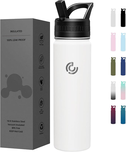 COKTIK 22oz Sports Water Bottle, Stainless Steel Water Bottle for Insulated, Reusable Travel Bottle, With Straw, With Handle Grip for Easy Carrying, Suitable for Cycling, Outdoor Vacations(White)