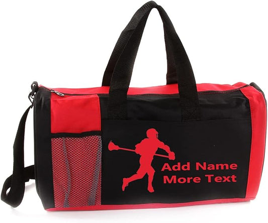 KishKesh Personalized Sport Duffel Bag – Ideal for Lacrosse Players, Gym, Travel, Training & Workout Essential for Male – Durable, Customizable Name & Text for Kids and Adults – Red, 18" X 10" X 8"