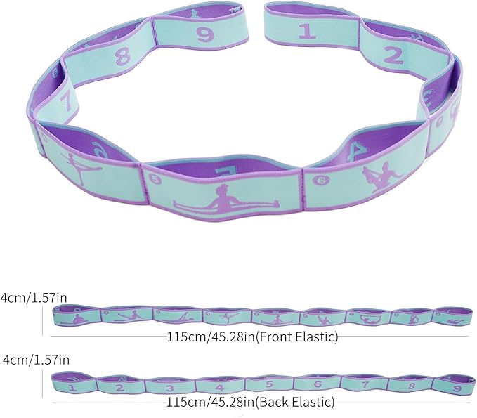 Elastic Yoga Stretching Strap with 9 Loops Pattern Guide, Stretch Straps for Pilates, Dance, Gymnastics Physical Therapy, Multi-Loop Adjustable Exercise Bands