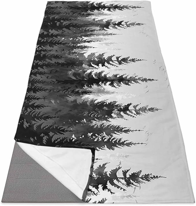 Forest Yoga Mat Towel with Corner Pockets for Hot Yoga Non Slip,Absorbent Yoga Blankets Microfiber Soft Gym Sweat Working Out Fitness Pilates Towels 70"x26" Rustic Grey Foggy Pine Tree Anmal Birds