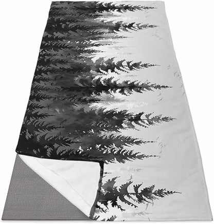 Forest Yoga Mat Towel with Corner Pockets for Hot Yoga Non Slip,Absorbent Yoga Blankets Microfiber Soft Gym Sweat Working Out Fitness Pilates Towels 70"x26" Rustic Grey Foggy Pine Tree Anmal Birds