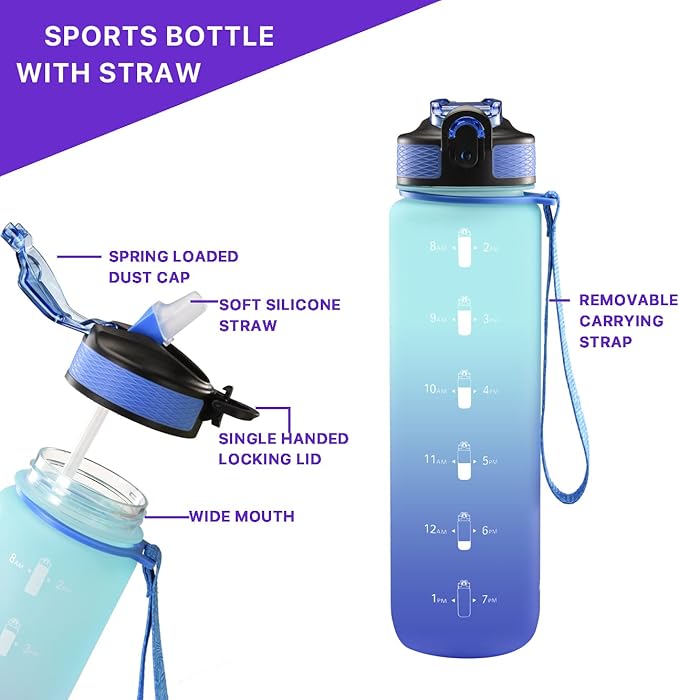EYQ 32 oz Water Bottle with Time Marker, Carry Strap, Leak-Proof Tritan BPA-Free, Ensure You Drink Enough Water for Fitness, Gym, Camping, Outdoor Sports