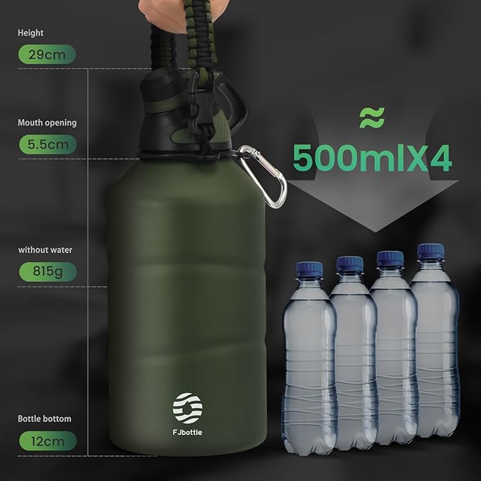 Fjbottle Insulated Half Gallon Water Bottle 64oz with Magnetic Lid,Stainless Steel Double-Wall Vacuum Leak Proof Sports Insulated Jug Keep Water Hot & Cold for Outdoor,Gym Armygreen