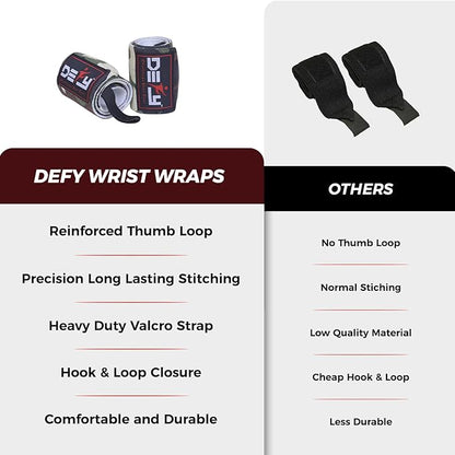 DEFY Fitness Wrist Wraps 18" Professional with Thumb Loops- Premium Quality, Strong Fastening Straps- Men & Women – Best for Weightlifting, Powerlifting,Strength Training