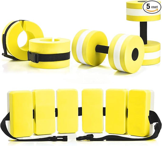 5 Pcs Pool Aquatic Exercise Set Including 2 Lightweight Water Dumbbells, 2 Ankle Swimming Weights, and Swim Belt Water Exercise Equipment for Aquatic Aerobics