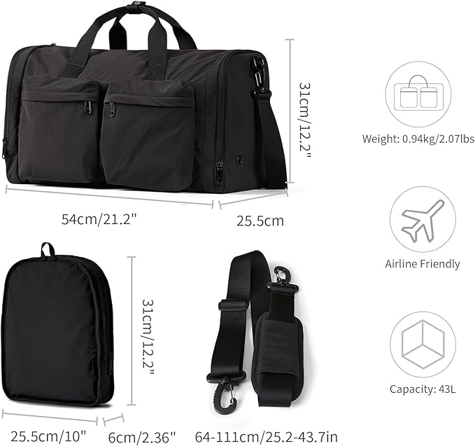 Aji Foldable Travel Duffel Bag for Women with Shoes Compartment, 3 in 1 Carry on Gym Bag with Removable Dry Wet Bag, Lightweight&Water Resistant Duffel Bag for Travel,Sports&Workout, Ink Black