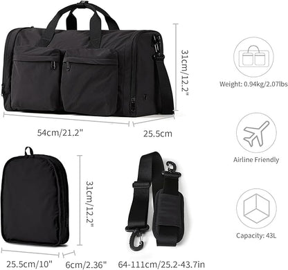 Aji Foldable Travel Duffel Bag for Women with Shoes Compartment, 3 in 1 Carry on Gym Bag with Removable Dry Wet Bag, Lightweight&Water Resistant Duffel Bag for Travel,Sports&Workout, Ink Black