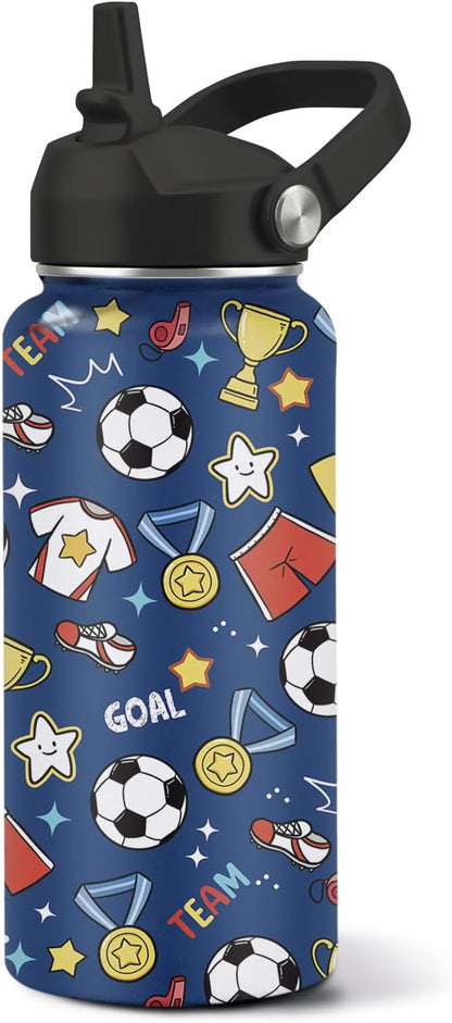 32oz Insulated Soccer Water Bottle for Kids & Adults - Stainless Steel, BPA-Free, Leak Proof Straw Lid - Sports Water Bottle for Gym, School, Travel - Ideal Soccer Gifts for Boys, Girls, Men