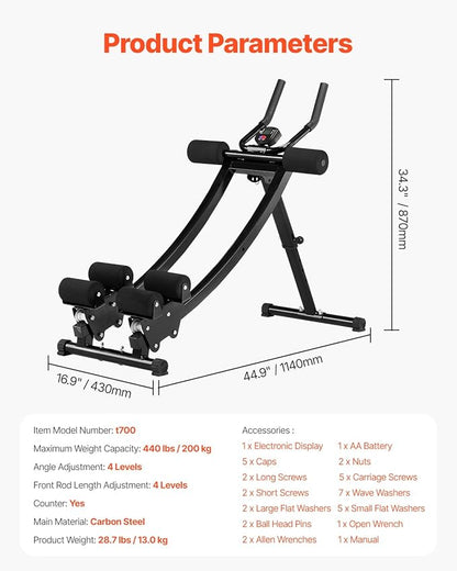 VEVOR AB Workout Machine, Ab Workout Equipment at Home Gym, Core & Abdominal Trainers for Women, 440 lbs Weight Capacity Strength Training Ab Cruncher, Foldable Adjustable Fitness Exerciser