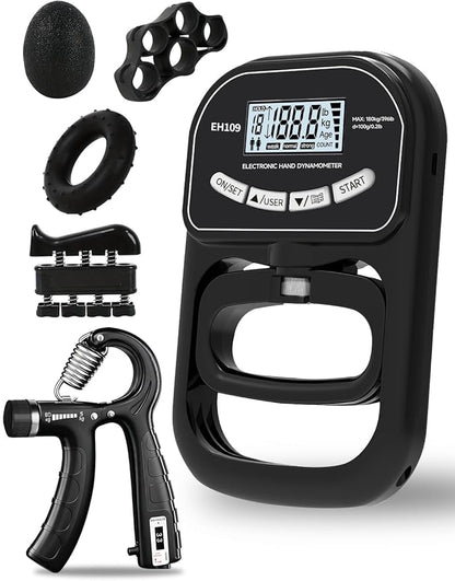 Grip Strength Tester Trainer Electronic Hand Dynamometer of 396lbs/180kg & Grip strengthener with Adjustable Resistance for Sports Home Gym with Digital Display Precision Training for Rehab Fitness