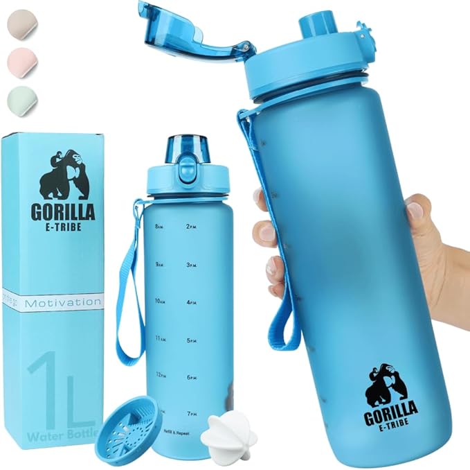 Blue Water Bottle Time Marker (32oz) - Daily Intake Tracking - BPA Free & Leak Proof Protein Shake Bottle - Ideal for Gym, Office, School & Hiking