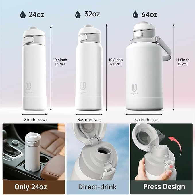 Insulated Magnetic Water Bottle - Reusable Stainless Steel Bottle with MagSafe Compatible Phone Holder - Keeps Cold for 24 Hours - Perfect for Gym, Sports, and Travel - Black 24oz