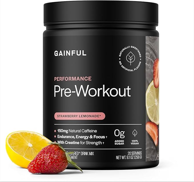 Gainful Pre Workout Powder, Caffeine Free with Creatine, L Citrulline, Beta Alanine, BCAA's, Energy & Muscle Support, 14 Servings (20 Servings, Strawberry Lemonade - Performance)