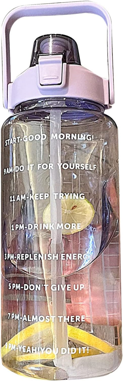 Sports Water Bottle With Straw, 2000ML Large Capacity Plastic Water Cup, Portable Strap, Times Scale for Gym, Outdoor Fitness (Purple)