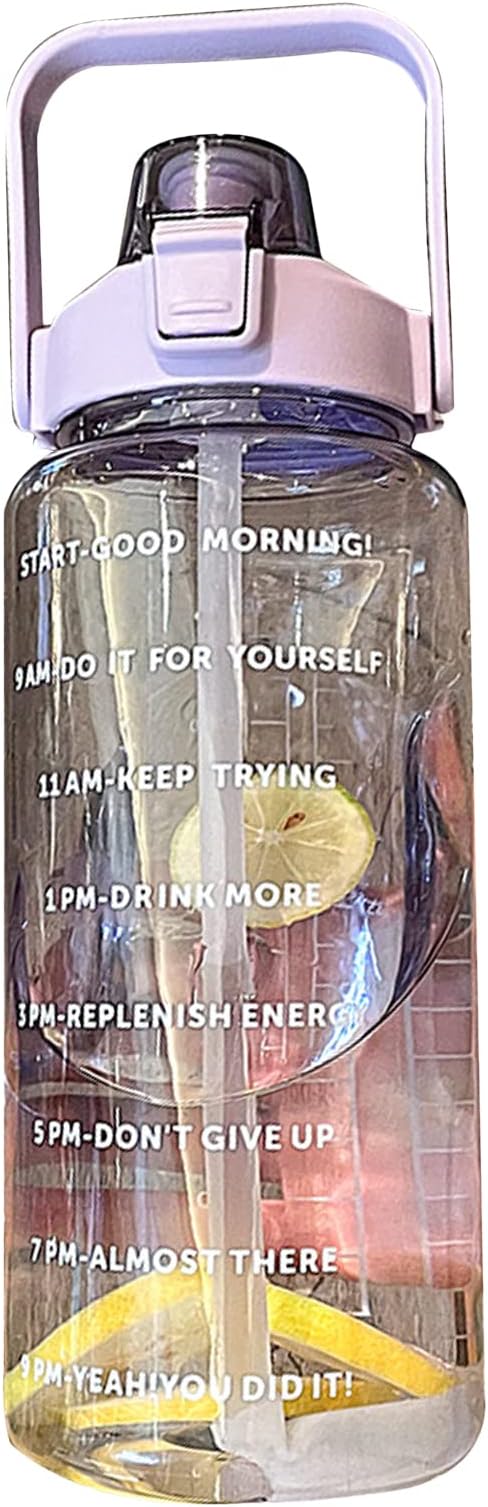 Sports Water Bottle With Straw, 2000ML Large Capacity Plastic Water Cup, Portable Strap, Times Scale for Gym, Outdoor Fitness (Purple)