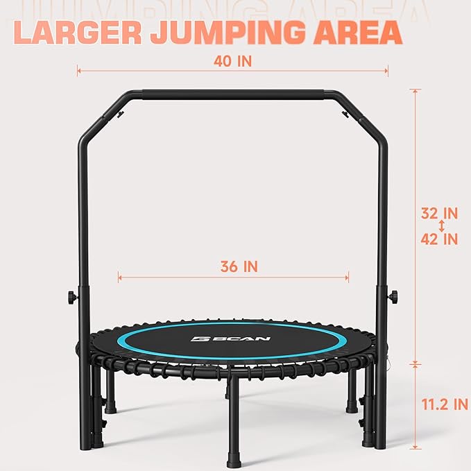 BCAN BT2 450/550LBS Mini Rebounder Trampoline for Adults with Bar, Fitness Trampoline with Bungees, Adjustable Handle, Stable & Quiet, Indoor Outdoor, Whole-Body Workout & Relaxation at Home-40IN/48IN