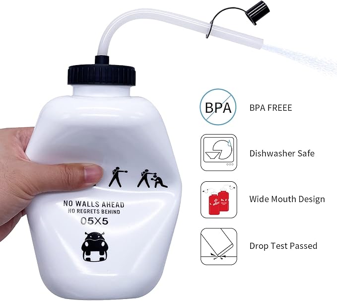 SHOKE Hockey Water Bottle with Long Straw 1 Liter Water Bottles BPA Free Boxing Lacrosse Water Bottle Squeezable for Sports Goalie Boxing Football Golf Gym Baseball Cycling Fitness Yoga 32 Oz-White