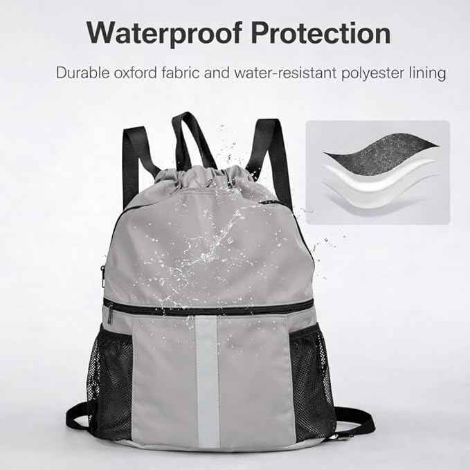 PPZ Drawstring Sports Backpack with Side Mesh Pockets, Lightweight Gym & Travel Bag with Water Bottle Holders for Fitness, Outdoor Activities and Daily Use – Gray