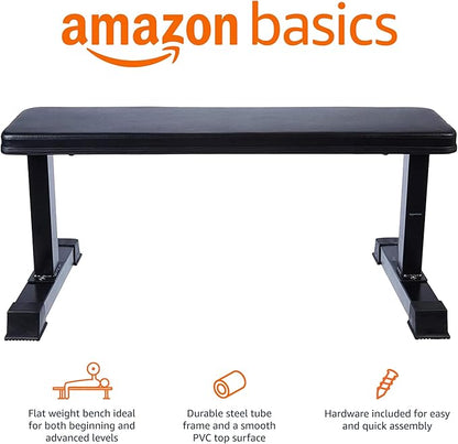 Amazon Basics Sturdy Flat Weight Bench for Home Gym, Strength Training, Stable Assembly, Black