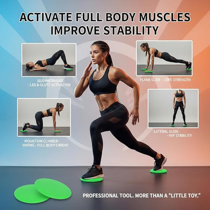 2Pcs Core Sliders for Full - Body Workout | Fast Speed Slide Plate for Balance & Coordination | Round Gliding Discs for Home/Gym/Travel | Lightweight & Portable, Green