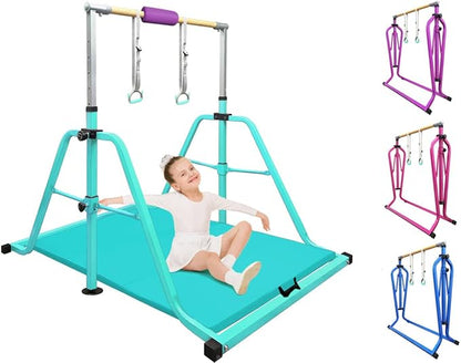 Foldable & Moveable Gymnastics Horizontal Bar with Rings,3’to 5’Adjustable Height Expandable Junior Kip Bar for Home,Indoor Gym Equipment for Kids