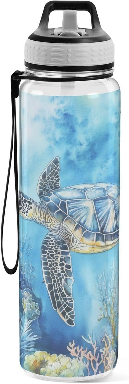Fustylead Watercolor Sea Turtle Swimming in Ocean Tritan Water Bottle with Straw and Lids, 32 oz Reusable BPA Free Sport Water Bottle for Gym Camping Hiking Travel